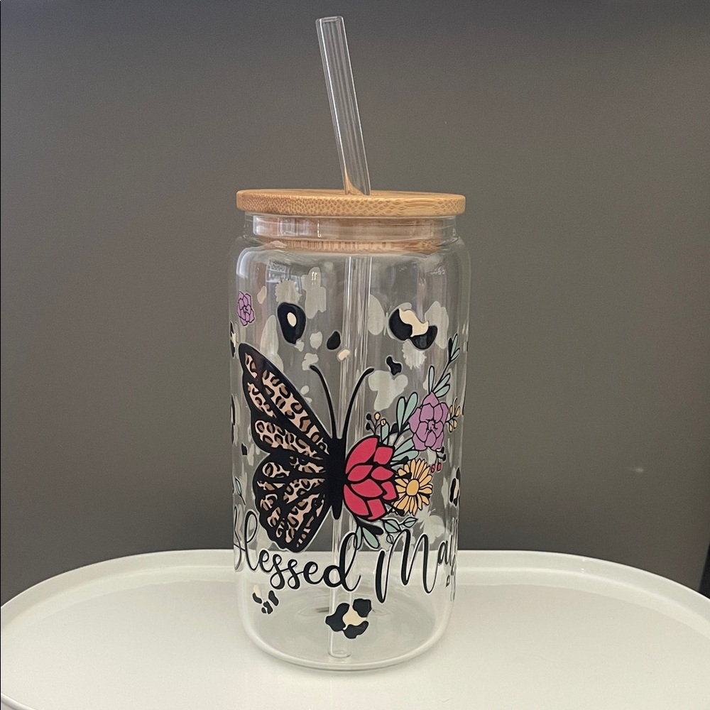 Floral Butterfly Glass Tumbler with Bamboo Lid